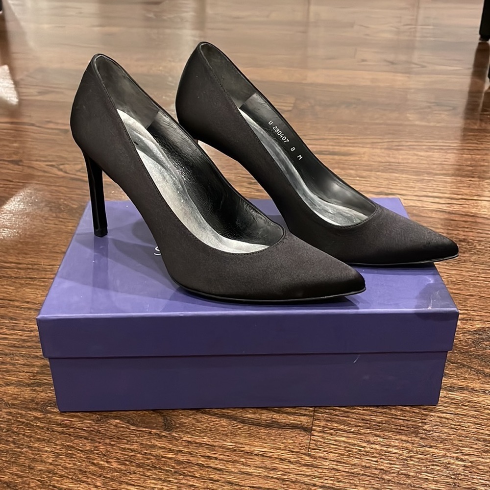 Stuart Weitzman Tipin Black Satin Pointed Toe Pump - image 5